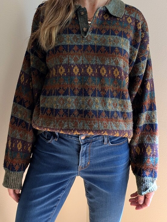 Vintage Sweaters - Vintage Abstract Geometric Patterned Collared Henley Sweater In Sage Green/Brown